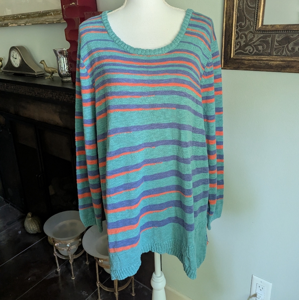 Soft Surroundings Womens 2X Odyssey Stripe Sweater Cotton Turquoise LayerHem 147